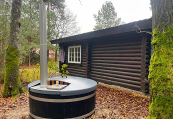 Photo extérieure d’un chalet en bois et d’un bain à remous à Romantic Lodge, Outdoors Holten, Pays-Bas.