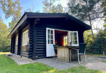 Chalet en bois noir aux fenêtres blanches, terrasse avec table et chaises, entouré de verdure paisible.