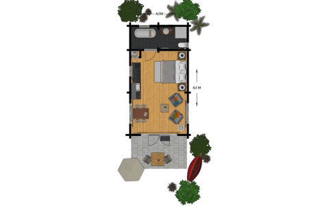 Plan d'une maison de lodge romantique avec jacuzzi extérieur et terrasse à Outdoors Holten, Pays-Bas.