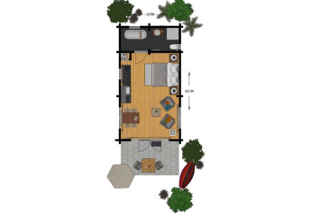 Plan d'une maison de lodge romantique avec jacuzzi extérieur et terrasse à Outdoors Holten, Pays-Bas.