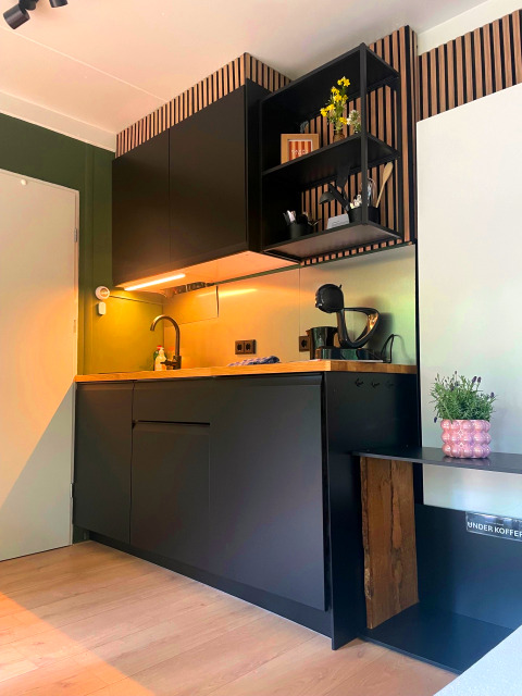 Modern black kitchenette with wooden countertop in Forest Cabin at Outdoors Holten, Netherlands.