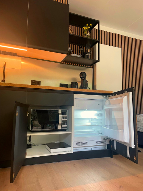 Modern kitchenette inside Forest Cabin at Outdoors Holten, Netherlands, with open mini fridge and microwave.