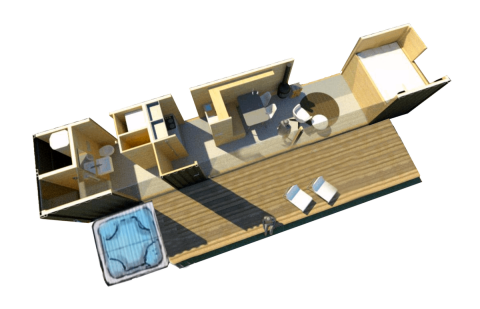 Plano de la Skydeck Cabin en Outdoors Holten, Países Bajos, con dormitorio, baño, terraza y jacuzzi.