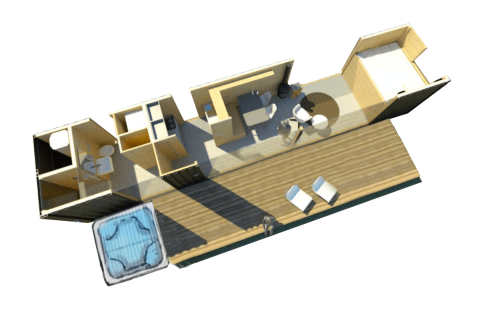 Plano de la Skydeck Cabin en Outdoors Holten, Países Bajos, con dormitorio, baño, terraza y jacuzzi.
