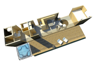 Grundriss der Skydeck Cabin bei Outdoors Holten in den Niederlanden mit Schlafzimmer, Bad und Terrasse.