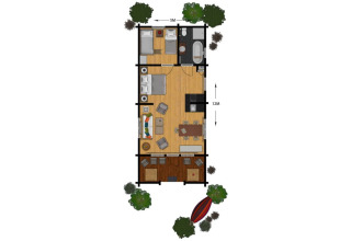 Plano de la Family Lodge con baño en Outdoors Holten, Países Bajos, mostrando distribución de habitaciones.