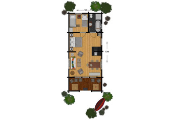 Plano de la Family Lodge con baño en Outdoors Holten, Países Bajos, mostrando distribución de habitaciones.