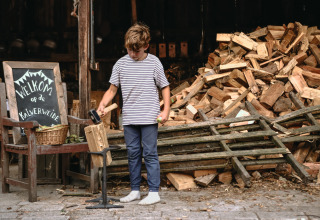 Niño partiendo leña frente a una pila de madera en BoerenBed De Kalverweide, parque vacacional en Overijssel.