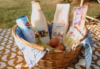 Cesta con leche, harina, huevos y otros ingredientes en BoerenBed De Kalverweide, Overijssel, Países Bajos.