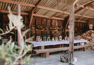 Zona de comedor rústica en establo con bancos de madera y mantel a cuadros en Overijssel, Países Bajos.