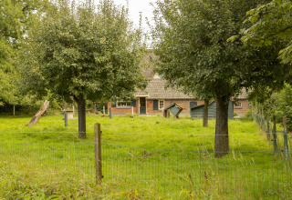 Vista de una casa rural detrás de árboles y una cerca en BoerenBed Het Boshuis, Gelderland, Países Bajos.