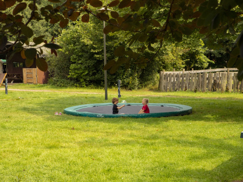 Zwei Kinder spielen auf einem bodenbündigen Trampolin im grünen Park von BoerenBed Het Boshuis, Gelderland.