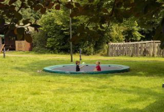 Dos niños juegan en una cama elástica empotrada en el césped de BoerenBed Het Boshuis, Gelderland.