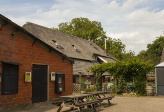 Boerderij met rieten dak en buitenterras bij BoerenBed Het Boshuis, vakantiepark in Gelderland, Nederland.