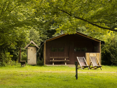 Vue extérieure d'une tente lodge et de chaises longues entourées d'arbres à BoerenBed Het Boshuis, Gelderland.