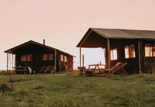 Dos cómodas tiendas glamping al atardecer en un campo verde en BoerenBed Hoeve den Overdraght, Flandes Occidental.