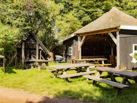 Zona de pícnic al aire libre con bancos de madera y tejado de paja en BoerenBed De Lange Weide, Drenthe.