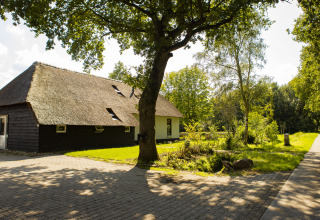 Ferme au toit de chaume et jardin ensoleillé à BoerenBed De Lange Weide, parc de vacances en Drenthe, Pays-Bas.
