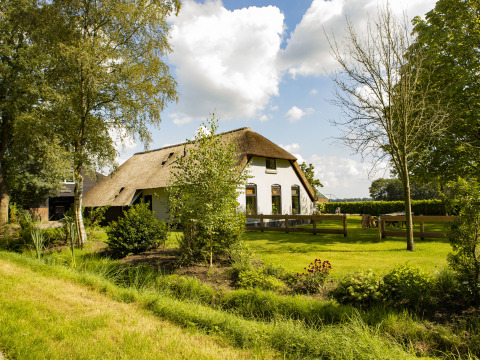 Traditional thatched-roof farmhouse surrounded by lush greenery at BoerenBed De Lange Weide in Drenthe, Netherlands.