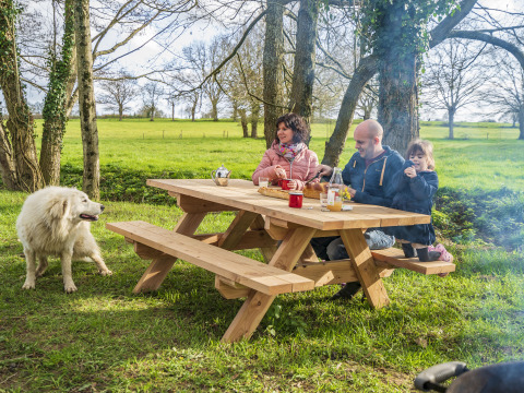 Een familie met hun hond aan het picknicken aan een houten tafel bij BoerenBed L'Étable des Mauges en Anjou.