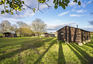 Zonnige weide met hutten bij BoerenBed L'Étable des Mauges en Anjou vakantiepark in Pays de la Loire, Frankrijk.