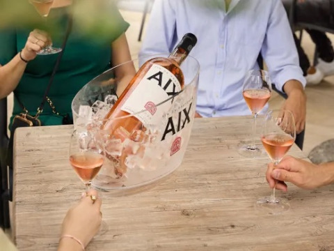 Tre persone gustano vino rosé a un tavolo con una grande bottiglia AIX nel ghiaccio al parco Molenvelden.