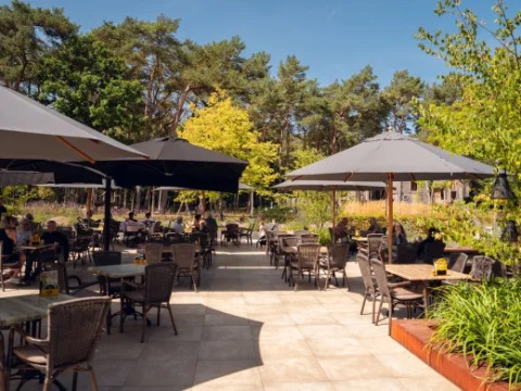 Udendørs terrasse med parasoller og gæster i ferieparken Molenvelden, omgivet af grønne træer i Brabant.