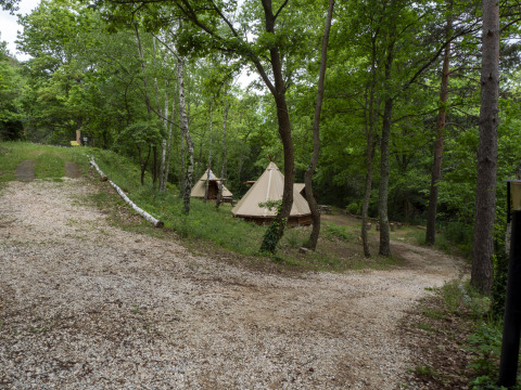 Gravel path through woods by the Modern Tipi tent at Campsite Des Randonneurs, France, surrounded by trees.