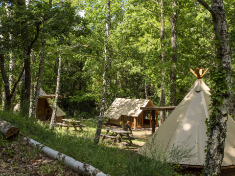 Modern tipi tents at Campsite Des Randonneurs in France, nestled in forest greenery with wooden picnic tables.