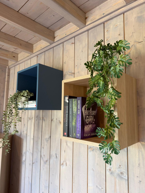 Mensole moderne con libri e piante nel Mobi Lodge presso Arden Parks Tulderheyde, Belgio.