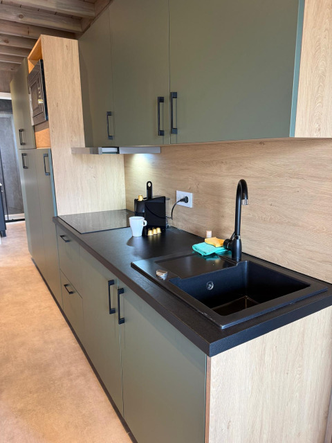 Cucina moderna con mobili verdi, lavello nero e macchina da caffè presso Mobi Lodge, Arden Parks Tulderheyde, Belgio.
