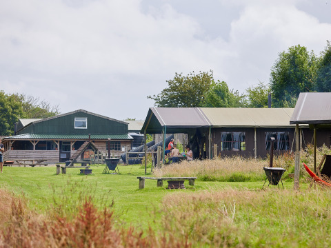 View of BoerenBed Warren Farm holiday park in southwest England, with tents, grass, and outdoor seating.