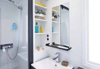 Modernes Badezimmer mit Dusche, Waschbecken, Spiegel und Regalen mit Pflanzen und Pflegeprodukten.