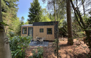 Pequeña casa de madera con terraza y sillas al aire libre en el bosque del Recreation Park de Paalberg, Países Bajos.