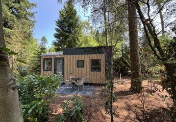 Petite maison en bois avec terrasse et chaises en forêt au Recreation Park de Paalberg, Pays-Bas.