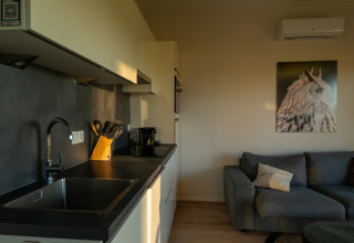 Modern lodge kitchen and living area with a grey sofa and owl artwork on the wall above.