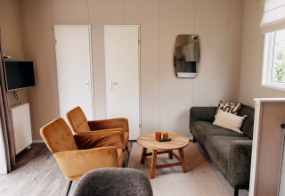 Salon moderne de chalet avec fauteuils moutarde, canapé gris, table en bois et TV à De Achterste Hoef.