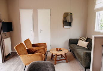 Modern chalet living room with mustard armchairs, grey sofa, wooden table and TV at De Achterste Hoef.