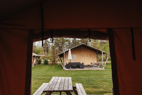 Udsigt fra en safaritelts indgang til en anden safaritelts med terrasse i Rekreatiepark De Achterste Hoef.