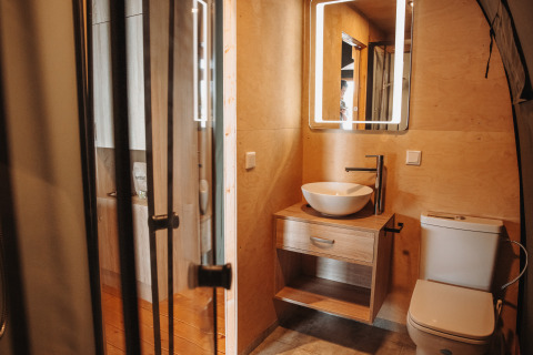 Baño moderno con paredes de madera, lavabo redondo, espejo iluminado y WC en Water lodge, De Achterste Hoef.