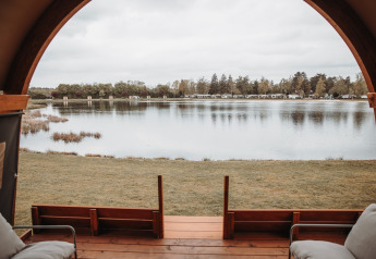 View from Water lodge overlooking a lake at Recreation park De Achterste Hoef in the Netherlands.