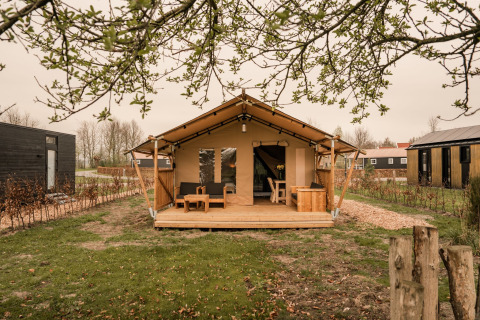 Gezellige glamping safaritent met houten veranda, buitenzitjes en natuurrijke omgeving.