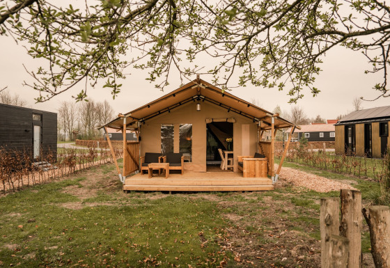 Tenda da glamping stile safari con veranda in legno, sedute all'aperto e cornice naturale verde.