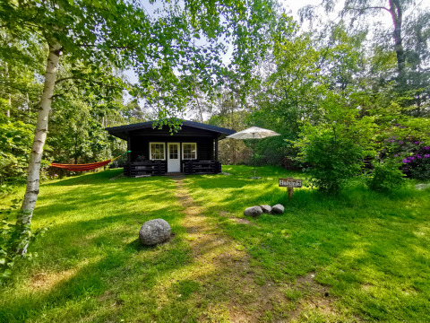 Houten hut, hangmat en parasol in het groene Outdoors Holten vakantiepark in Overijssel, Nederland.