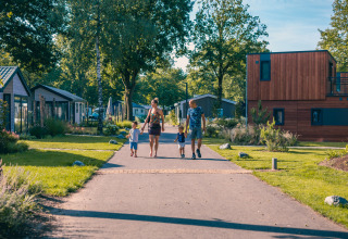 Familie går hånd i hånd på en sti mellem moderne lodges om sommeren med grønne træer omkring.