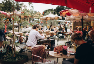 Café al aire libre en Camping 'De Kleine Wereld', parque vacacional en Groningen, Países Bajos, con familias y niños.