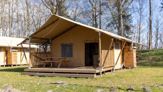 Safari tente 6 avec terrasse en bois et table, située dans un cadre naturel arboré et verdoyant.