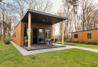 Modernes Holz-Lodge mit überdachter Terrasse und Gartenmöbeln bei Tolplas in den Niederlanden, naturumgeben.