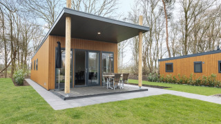 Lodge moderne en bois avec terrasse couverte et mobilier extérieur à Tolplas, Pays-Bas, entourée d’arbres.