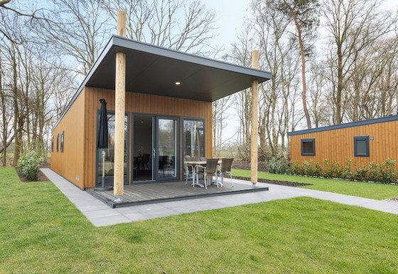 Lodge moderne en bois avec terrasse couverte et mobilier extérieur à Tolplas, Pays-Bas, entourée d’arbres.